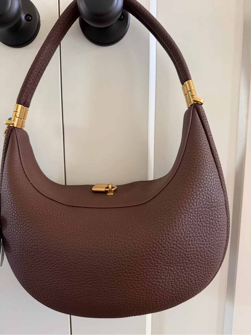 Elegant Brown Leather Crescent Shoulder Bag with Gold Hardware